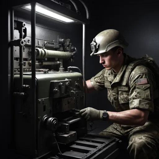 Prompt: hyper realistic image; soldier repairing machine; dark room