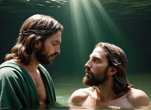 Prompt: realistic image of jesus baptized by john; dark green accent