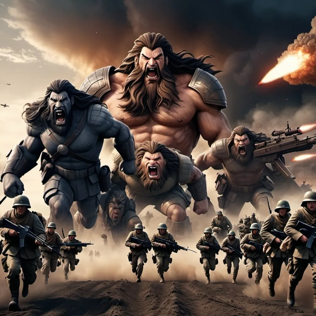 Prompt: wide zoomed view from below; realistic image of mega sized two giants(count: 2) long hair standing side by side surrounded by small armed soldiers running; war apocalypse in the background; dark tone; gradient sky