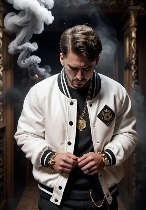 Prompt: realistic image of man wearing white varsity jacket chained in a treasure room surrounded with black smoke; crying