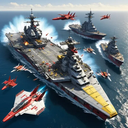 Prompt: hyper realistic; wide longshot view from above, naval war based on red alert 2 game; modern sci fi; four ships; two aircraft; yellow-silver shogun gundam; detailed object; exploded; ocean