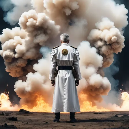 Prompt: ultra wide view shot from back of man wearing white wizard robe standing between two warring nations, military army wearing tactical suit in the left and right side of image, smoke blurred background