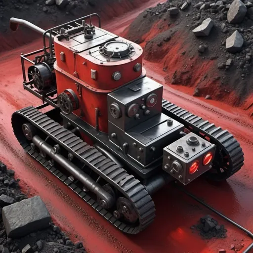 Prompt: hyper realistic; upper view, black soviet miner machine with tracked treads wheel with shovel entering soviet ore refinery on a metal plate ground based on red alert 2 game; modern sci fi; steampunk; detailed object