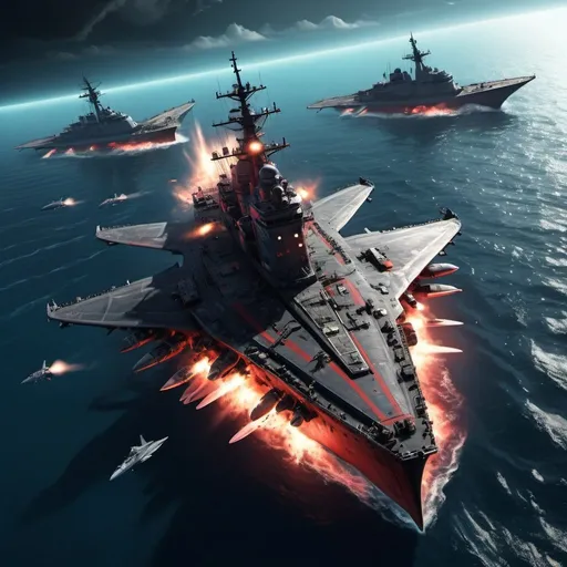 Prompt: hyper realistic; shadow of leviathan under the sea; wide longshot view from above, naval war based on red alert 2 game; modern sci fi; four ships; two aircraft; detailed object; exploded; ocean