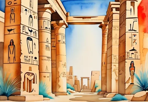 Prompt: soft watercolor painting with vibrant color, ancient egyptian ruins with hieroglyph and persian images