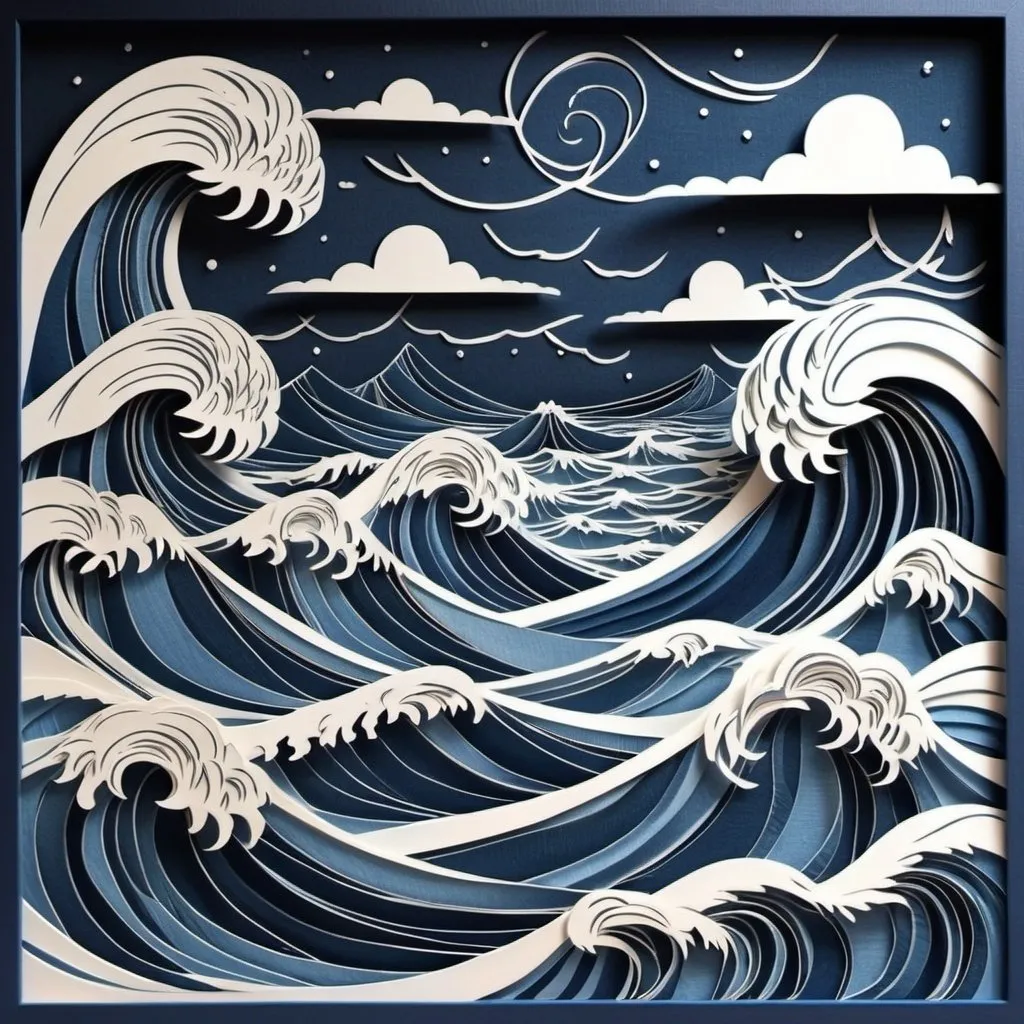 Prompt: papercut of storm sea using denim cloth