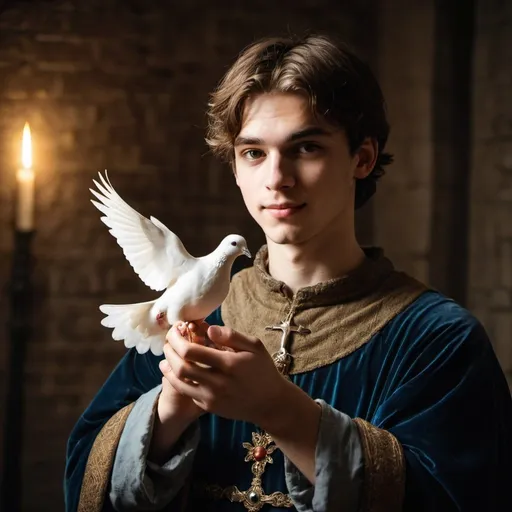 Prompt: Medieval young man holding shining dove on his finger light in the background