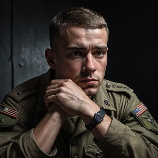 Prompt: hyper realistic image; soldier thinking right hand in chin; dark room