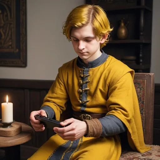 Prompt: medieval young man playing Nintendo switch with artefact accent mustard clothes