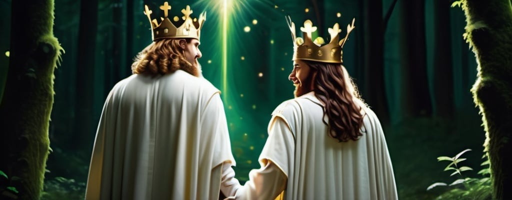 Prompt: realistic image; shot from back; three medieval king wearing gold crowns walking and laughing with jesus wearing white robe in dark green fantasy enchanted forest with fireflies; uhd; detailed face