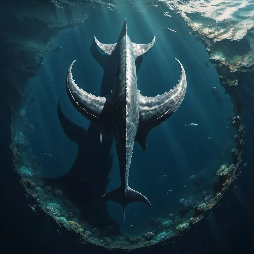 Prompt: hyper realistic; shadow of leviathan under the sea; wide longshot view from above, ocean