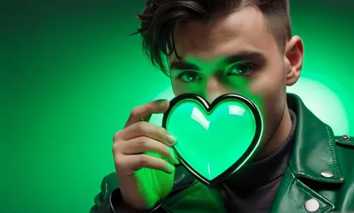 Prompt: close up view wearing modern dark green leather jacket holding glowing heart glass in front his face; dark green tone room