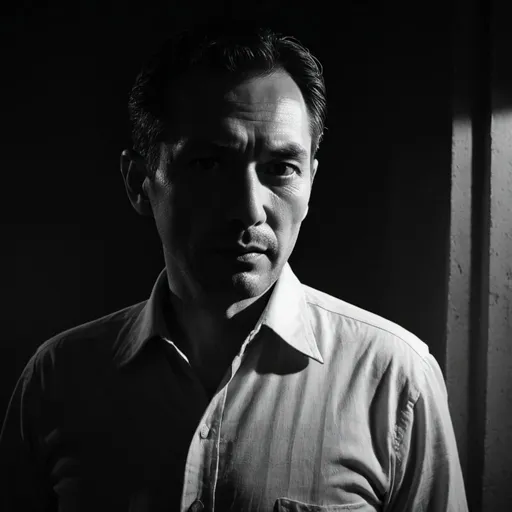 Prompt: night film noir, shadows, man in his 40s, European with Chinese eyes, in a shirt