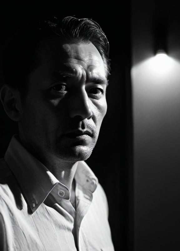 Prompt: night film noir, shadows, man in his 40s, European with Chinese eyes, in a shirt 