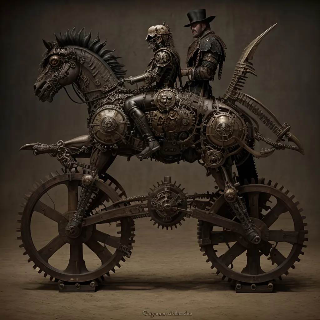 Prompt: steampunk death,  he rides a pale horse, by Giuseppe Arcimboldo 