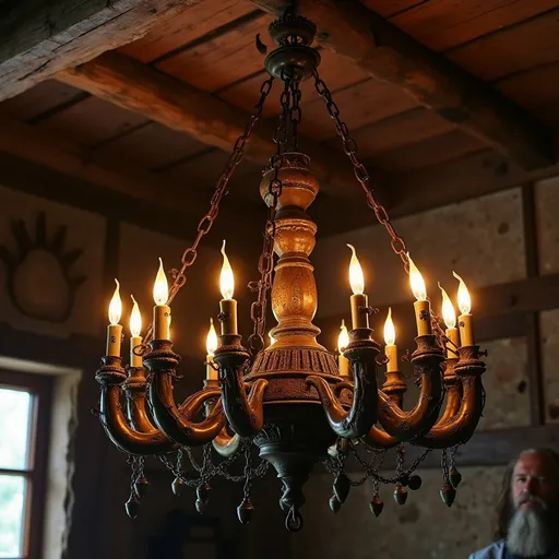 Prompt: A wrought-iron viking-inspired chandelier, constructed from  viking drinking horns, hangs on thick chains from a roughly-hewn wooden timber beam. The chandelier has many dripping wax candles, each candle is set into an ornate viking-carved ox horn. 