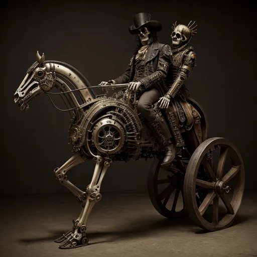 Prompt: steampunk death. his face is a skull. he rides a pale mechanical horse, by Giuseppe Arcimboldo 