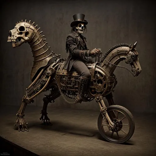 Prompt: (steampunk, death. his face is a skull). he rides a pale mechanical horse, by Giuseppe Arcimboldo 
