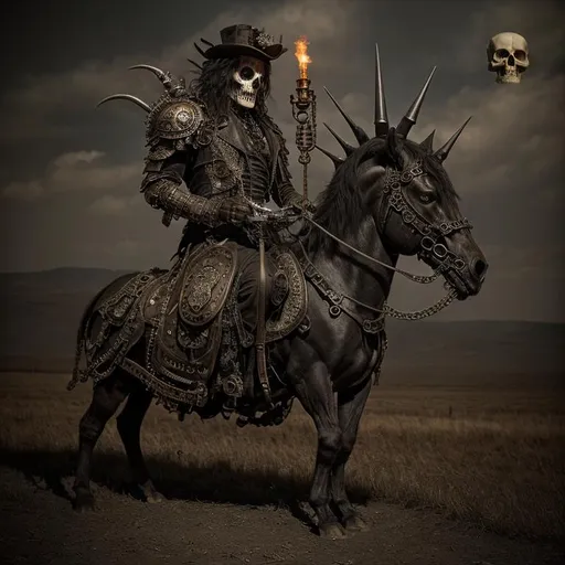 Prompt: (steampunk, death. his face is a skull). he rides a pale horse, by Giuseppe Arcimboldo 