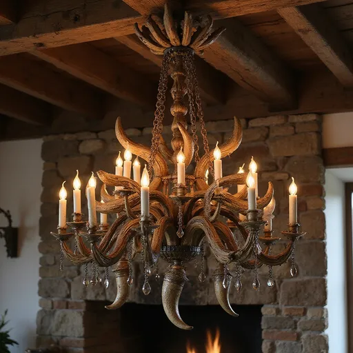 Prompt: A large viking-inspired chandelier, made from ((carved horns), wood, and iron), constructed from (viking drinking horns), hangs on thick chains from a 9roughly-hewn wooden timber beam0. The chandelier has many dripping wax candles. From each candle hangs a chain, and at the bottom of each chain there is an ornate viking drinking horn
