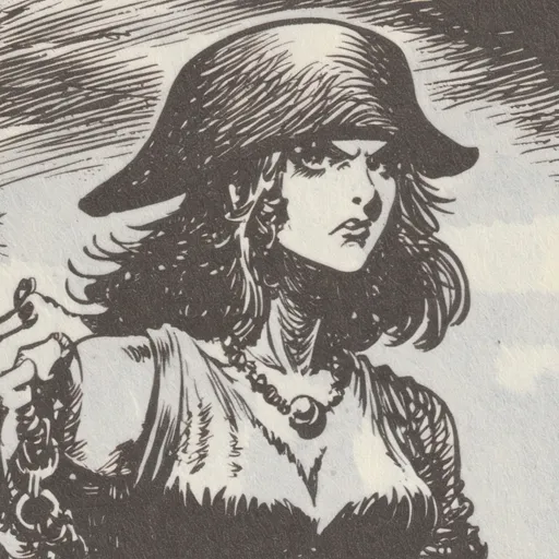 Prompt: (scary tattooed female pirate), (ink drawing), ominous pose, fierce expression, wearing ragged clothing, adorned with chains and a weathered hat, ominous sea backdrop, stormy skies, haunting vibes, sharp lines, deep shadows, intricate details, (highly detailed), (monochromatic), (gritty atmosphere).