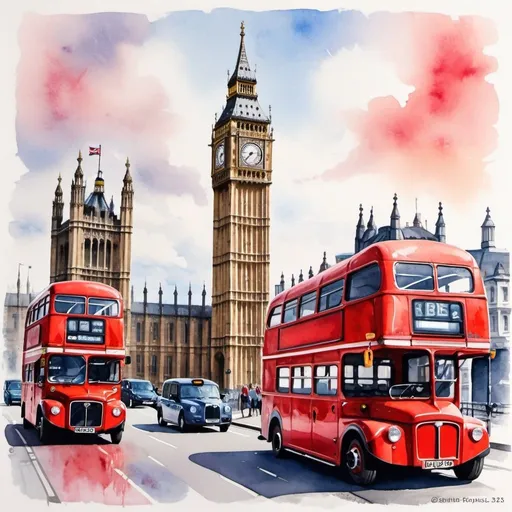 Prompt: London Bus and London Taxi with Big Ben in the background, watercolor, detailed architecture, vibrant colors, traditional art style, scenic watercolor painting, high quality, detailed, iconic landmarks, city transportation, historic architecture, classic red bus, black cab, Big Ben, watercolor painting, traditional style, vibrant tones, scenic view, artistic details