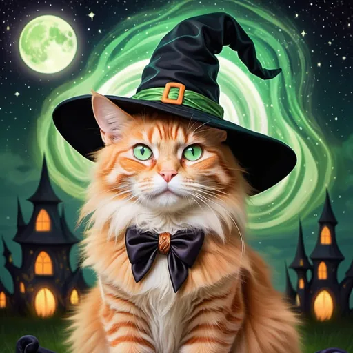 Prompt: (Orange tabby cat)  male wearing a striking (witch hat), captivating (green eyes), perched gracefully, enchanting with a whimsical allure, softly illuminated in a magical atmosphere, vibrant warm colors highlighting the fur texture, intricate details in the hat's design, surrounded by a mystical background of swirling night sky, adding to the overall charm, (ultra-detailed), (4K), bewitching ambiance.