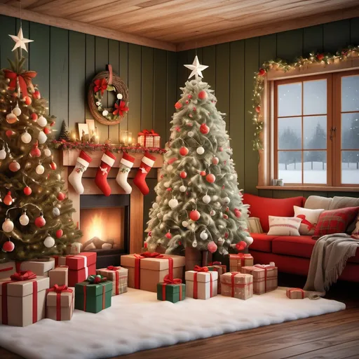 Prompt: Farmhouse adorned with (festive Christmas decorations), christmas lights, a cozy winter atmosphere, (snow gently falling), warm and inviting lights twinkling, rustic wooden textures, vibrant red and green accents, a beautifully decorated tree in the corner, surrounded by presents, (ultra-detailed), (high quality), captured in (gentle warm tones) to evoke a cheerful and nostalgic holiday spirit.