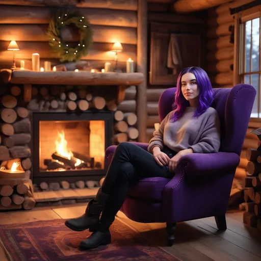 Prompt: (non-binary person), striking purple hair, relaxing in a cozy armchair, warm fire crackling in the hearth, charming log cabin interior, inviting atmosphere, softly glowing lights creating a serene ambiance, intricate wooden details, high-quality 4K, ultra-detailed, accentuating comfort and warmth, rustic decor elements around.