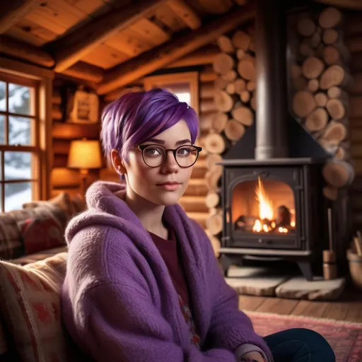 Prompt: (short woman with (purple hair) wearing glasses), cozy log cabin interior, warm (fireplace) giving off a soft glow, eyes open displaying a curious expression, surrounded by (rustic wooden decor), gentle shadows, cozy atmosphere, enchanting warmth, ultra-detailed, high quality, vibrant colors reflecting snug comfort.