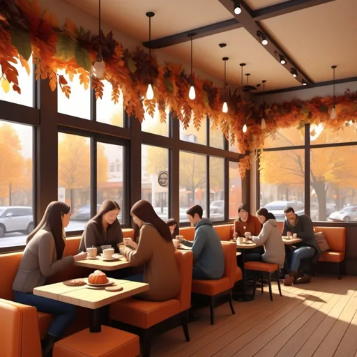 Prompt: (cozy cafe), warm ambient lighting, (fall theme) with richly colored autumn leaves, inviting atmosphere, people talking, comfortable seating, patrons enjoying warm beverages, cheerful expressions, aromatic pastries on display, wooden decor, subdued orange and brown tones, gentle daylight streaming through large windows, (ultra-detailed), (4K), creating a sense of relaxation and joy.