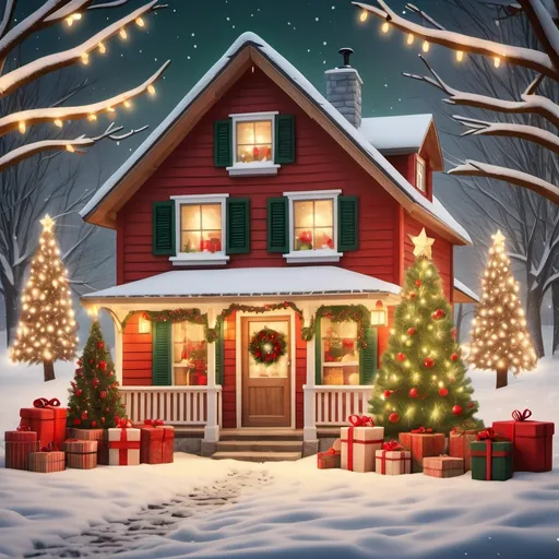 Prompt: Farmhouse adorned with (festive Christmas decorations), christmas lights, a cozy winter atmosphere, (snow gently falling), warm and inviting lights twinkling, rustic wooden textures, vibrant red and green accents, a beautifully decorated tree in the corner, surrounded by presents, (ultra-detailed), (high quality), captured in (gentle warm tones) to evoke a cheerful and nostalgic holiday spirit.