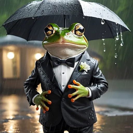 Prompt:  image of a frog standing under the rain while wearing a tuxedo and monocle 