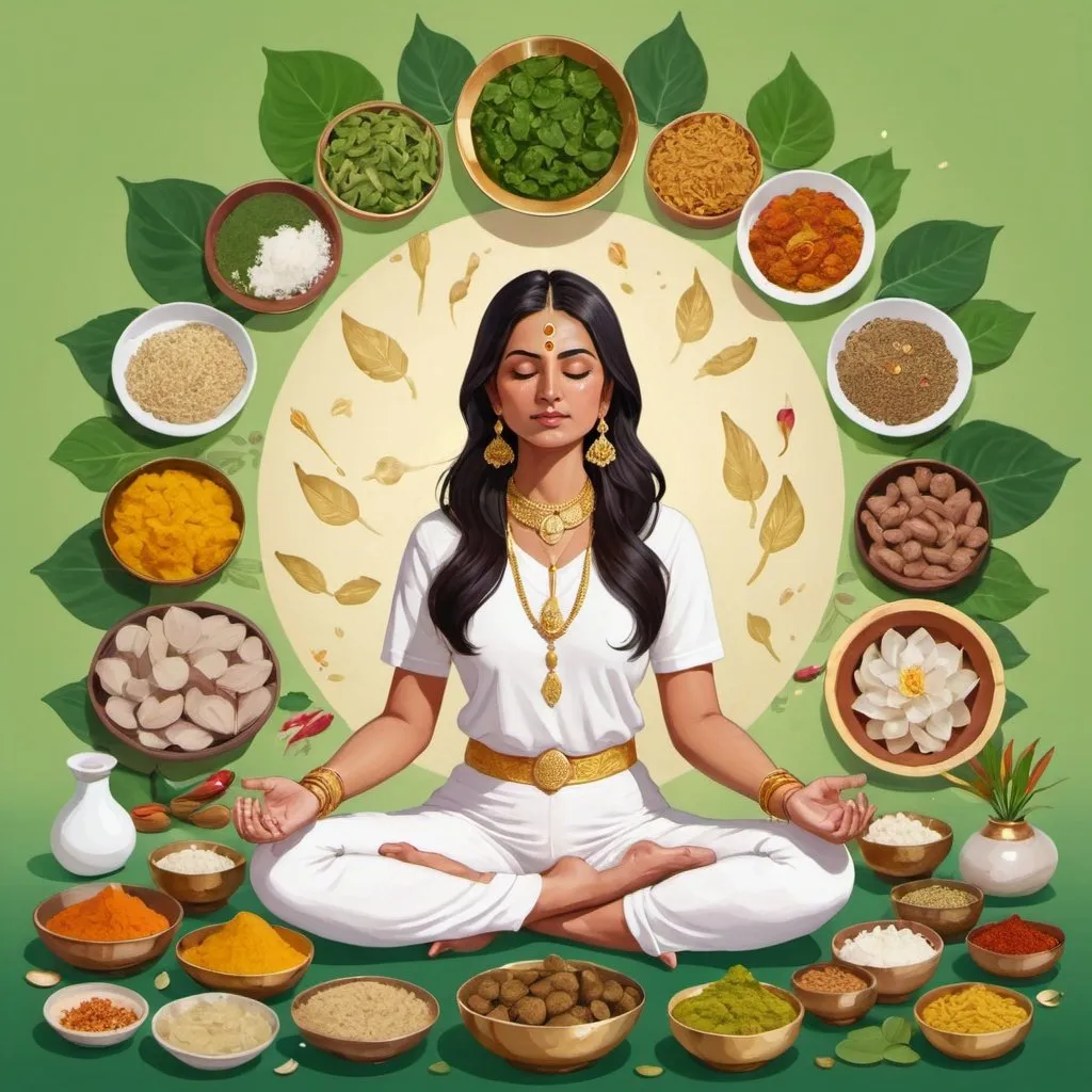 Prompt: Illustration Indian woman with dark hair in a white outfit and gold jewelry sitting in a lotus position meditating, surrounded by various Indian foods and ingredients on a green background