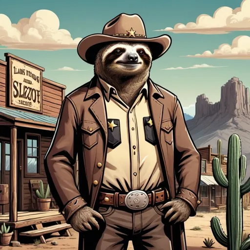 Prompt: A sloth is a cowboy sheriff standing tensely in front of an old western town. High definition. he looks mysterious and tough.  landfields, cactus and mountains like Arizona in the background detailed, dark colors, dramatic, graphic novel illustration,  2d shaded retro comic book