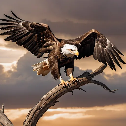 Prompt: close up of eagle with open wings over a dried branch, brown and beige clouds behind