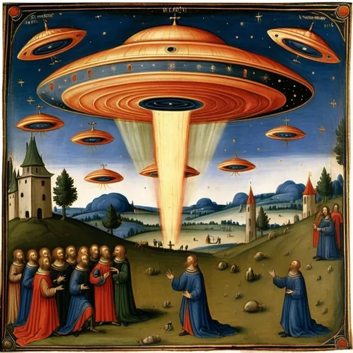 Prompt: Medieval painting about UFOs invading Earth