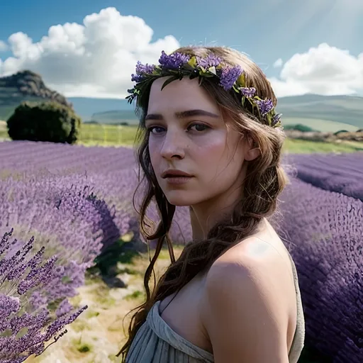 Prompt: Photorealistic and dramatic, epic, figure portrait of Eurydice in ancient greek dress with lavander wreath in hair, head slightly to the side, sunny day, field of lavander in distance, 