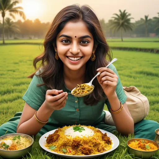 Prompt: "Photorealistic image of a young woman sitting on the grass, happily eating a steaming plate of biryani. The setting is an open, green field with a relaxed, picnic-like vibe. The biryani looks rich with golden rice, juicy meat, and garnishes. The text 'Biryani Lover!' is in bold white letters at the bottom."


