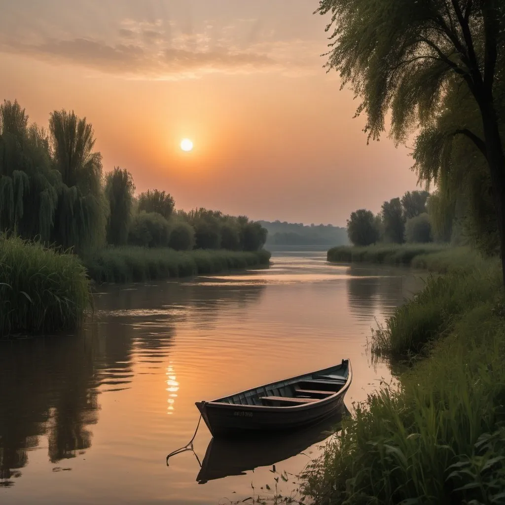 Prompt: Generate a realistic photo of the Po River at sunset. The image should capture the serene beauty of the river, with the sun setting in the background, casting warm golden and orange hues across the sky and reflecting on the water. Include natural details such as gentle ripples on the river's surface, lush greenery along the riverbanks, and possibly a silhouette of a small boat or wildlife, like birds flying in the distance. The overall atmosphere should be tranquil and picturesque, showcasing the natural beauty of the Po River at dusk."

