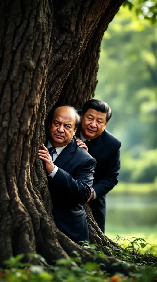 Prompt: "Shehbaz Sharif and Chinese President Xi Jinping hiding nervously behind a large tree, peeking out cautiously with worried expressions. Both are dressed in formal attire—Sharif in a suit, Xi in his typical dark tunic. The scene is set in a lush outdoor environment, with dramatic lighting and a sense of tension. Ultra-realistic, cinematic style."
