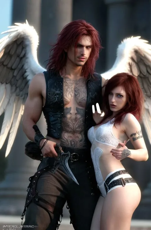 Prompt: <mymodel>man and woman well-equipped angel destroyers, woman with wavy maroon hair, body tattoos, large tattooed chest, cinematic Artgerm + Luis Royo style, hyper-detailed photorealistic Octane render,  soft light HDR, epic scene,  intricate high detail, realistic, angelic wings, celestial armor, divine weapon, intense gaze, best quality, hyper-realistic, epic fantasy, detailed hair, professional, cinematic lighting, fantasy, detailed hair, professional, cinematic lighting