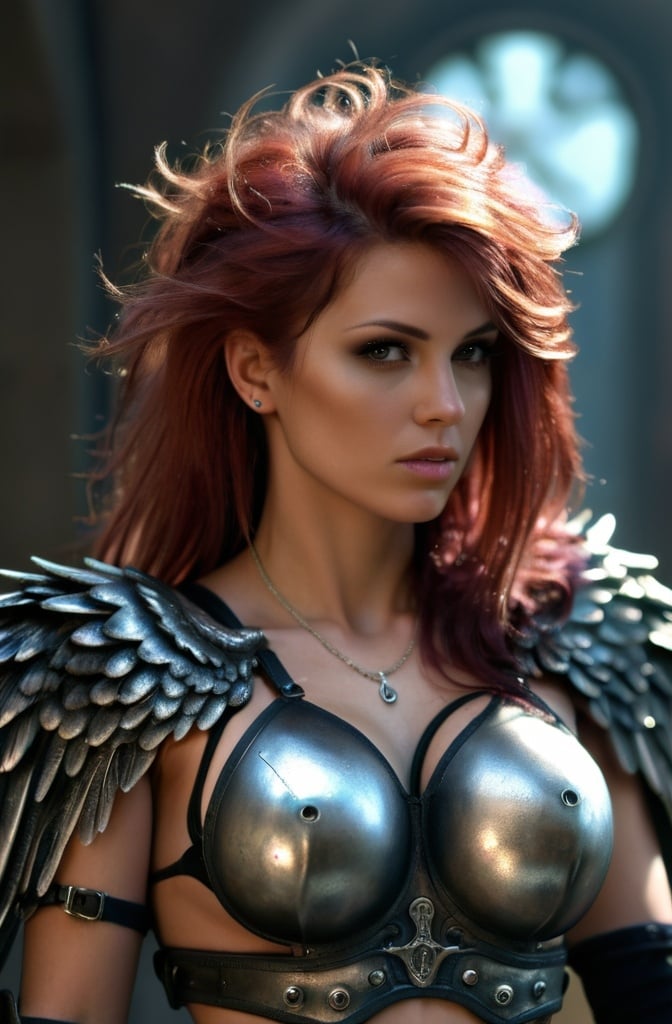 Prompt: <mymodel>threel well-equipped group of angel destroyers, wavy maroon hair, body tattoos, large tattooed chest, cinematic Artgerm + Luis Royo style, hyper-detailed photorealistic Octane render,  soft light HDR, epic scene,  intricate high detail, realistic, angelic wings, powerful stance, celestial armor, divine weapon, intense gaze, best quality, hyper-realistic, epic fantasy, detailed hair, professional, cinematic lighting, fantasy, detailed hair, professional, cinematic lighting