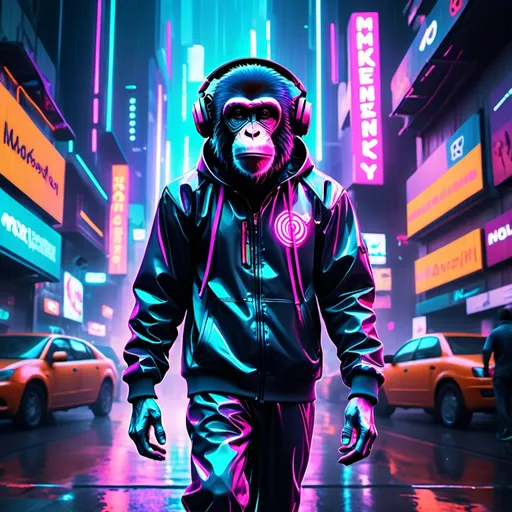 Prompt: In a pulsating, vibrant neon-lit cyberpunk metropolis, a charismatic, illuminated monkey, clad in a cutting-edge, futuristic tracksuit and neon-lit headphones, strides with unmatched swagger among towering holographic billboards and towering neon-lit structures. The monkey, exuding an undeniable coolness, navigates the city's rain-soaked, reflective streets, where neon reflections dance on its fur, creating a mesmerizing, kinetic urban symphony. The city's pulsating energy is heightened by the monkey's dynamic presence, making for a captivating, electrifying, and futuristic scene.