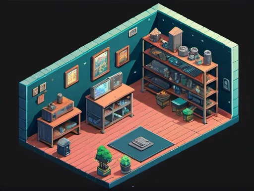 Prompt: a single isometric wall of a sci-fi workshop, Detailed, Isometric, detailed, pixel art, style of studio Ghibli, anime style, isometric, line art style


