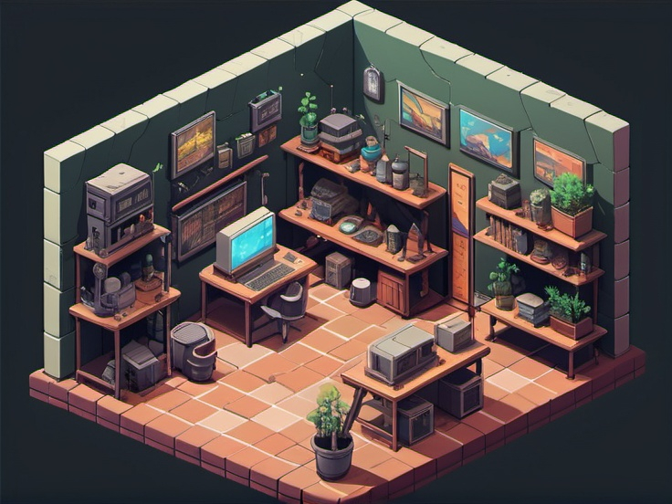 Prompt: a single isometric wall of a sci-fi workshop, Detailed, Isometric, detailed, pixel art, style of studio Ghibli, anime style, isometric, line art style


