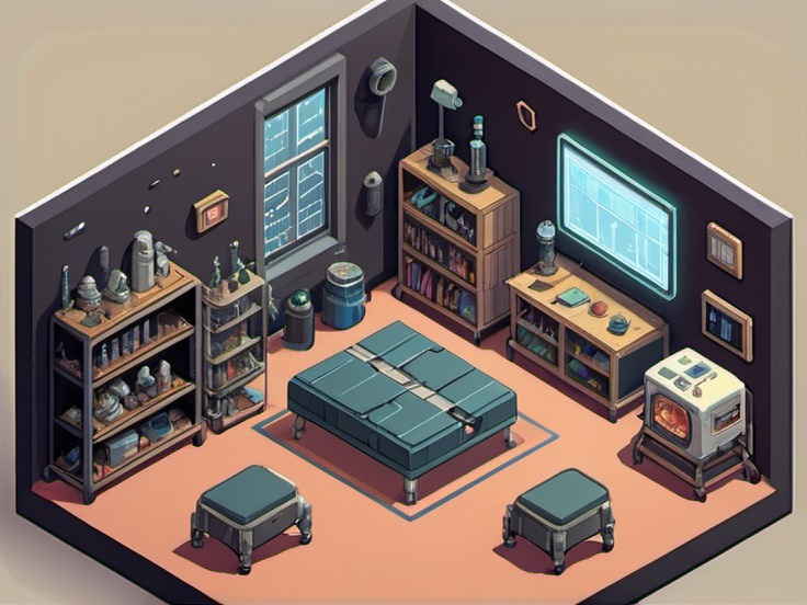Prompt: a single isometric wall of a sci-fi workshop, Detailed, Isometric, detailed, pixel art, style of studio Ghibli, anime style, isometric, line art style



