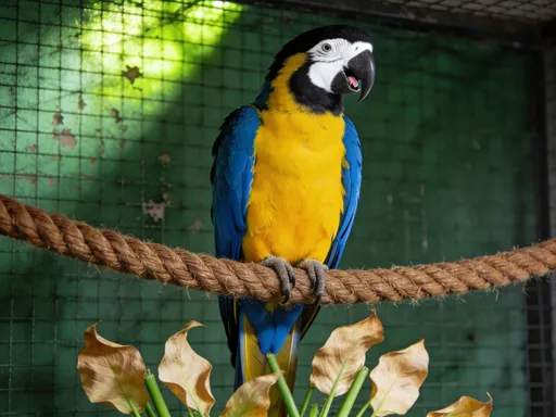 Prompt: This photograph captures a vibrant, colorful macaw perched on a thick, brown rope perch. The macaw, centered in the image, displays a striking yellow chest and belly, with bright blue wings and a black and white head. Its beak is slightly open, revealing a hint of its tongue. The bird's feathers are smooth and well-defined, showcasing the macaw's typical tropical plumage.

The background consists of a green, mesh-like netting that appears to be part of the bird's enclosure. The netting has a slightly worn texture and is partially illuminated by a greenish light, adding a subtle glow to the scene. Below the macaw, there are several dried leaves and green plant stems, providing a naturalistic touch to the enclosure. The leaves are light brown and slightly curled, contrasting with the green stems.

The image is well-lit, with natural light highlighting the macaw's vibrant colors. The overall composition emphasizes the bird as the focal point, with the background elements providing context without distracting from the main subject. The photograph has a natural, candid feel, capturing the macaw in a moment of stillness within its enclosure.