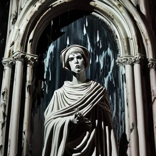 Prompt: Ceramic saint with toga melting black and white liquid in a dark church