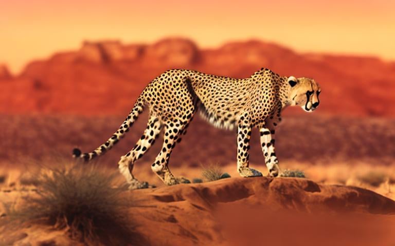 Prompt: cheetah in a crouched position in a desert savannah